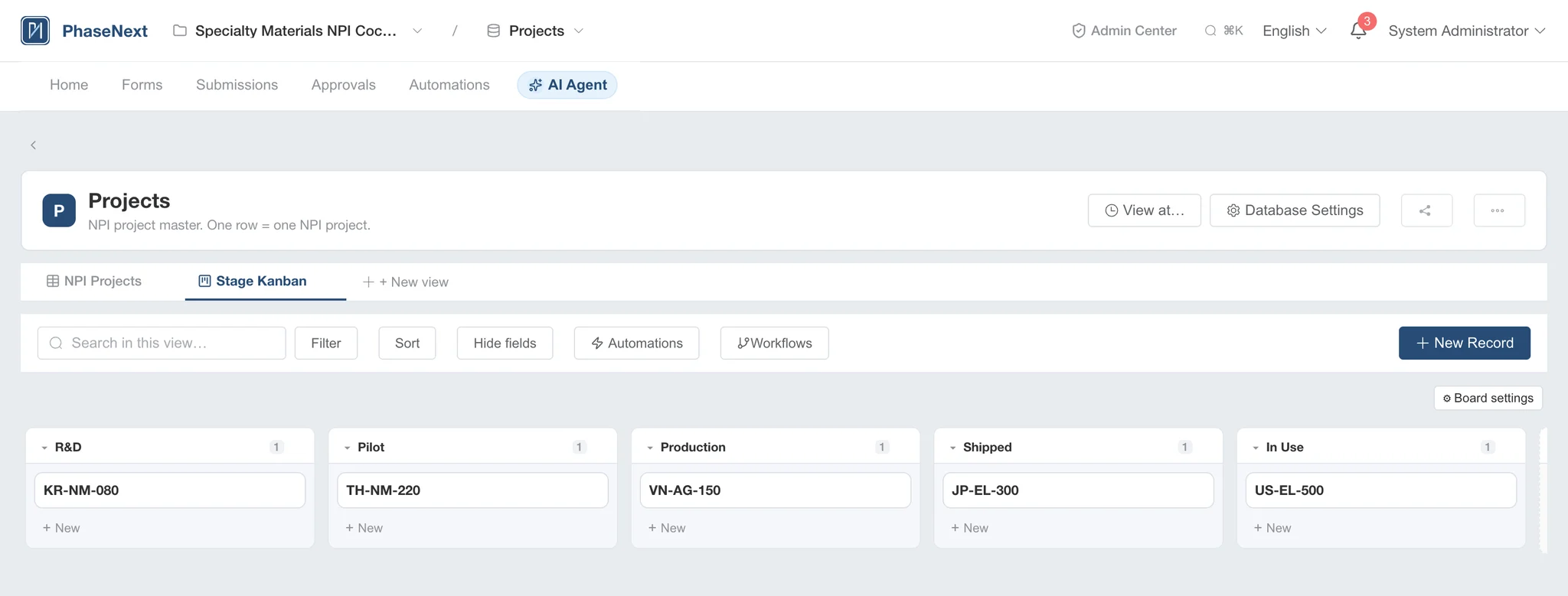PhaseNext stage kanban with R&D, Pilot, Production, Shipped, and In Use columns